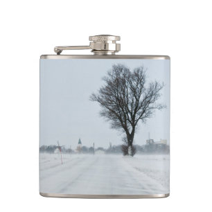 Rural winter road hip flask