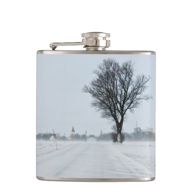 Rural winter road hip flask (Front)