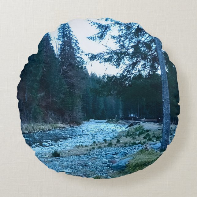 Rushing Mountain Stream – Wild Nature Romania Round Pillow (Front)