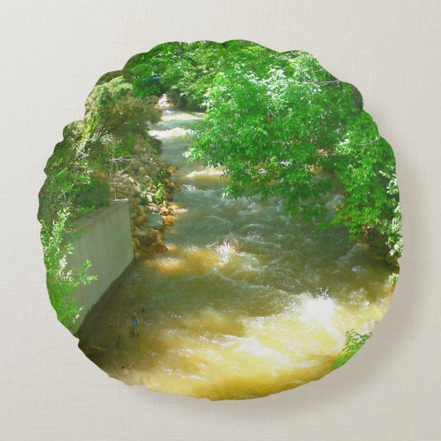 Rushing River under the Trees Round Pillow (Front)