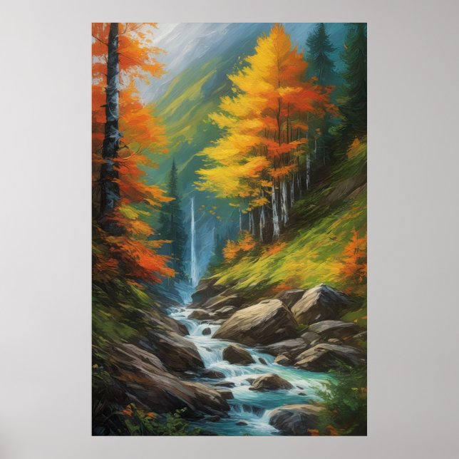 Rushing Stream in the Vibrant Autumn Forest Poster (Front)