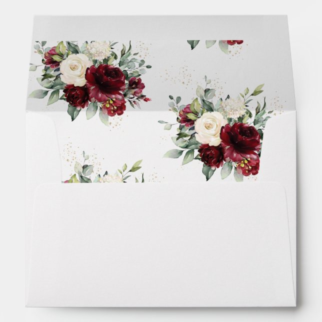 Rusic Chic Burgundy Ivory White Floral Wedding Envelope (Back (Bottom))