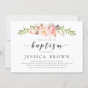 Rusic Floral, Watercolor Peony Baptism Invitation