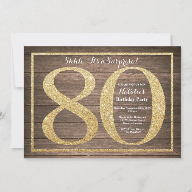 Rusic Surprise 80th Birthday Invitation Gold (Front)