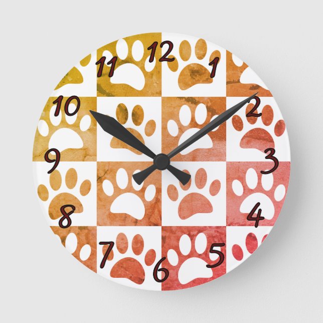 Rusitc Dog Paw Prints In Squares Decortative Round Clock (Front)