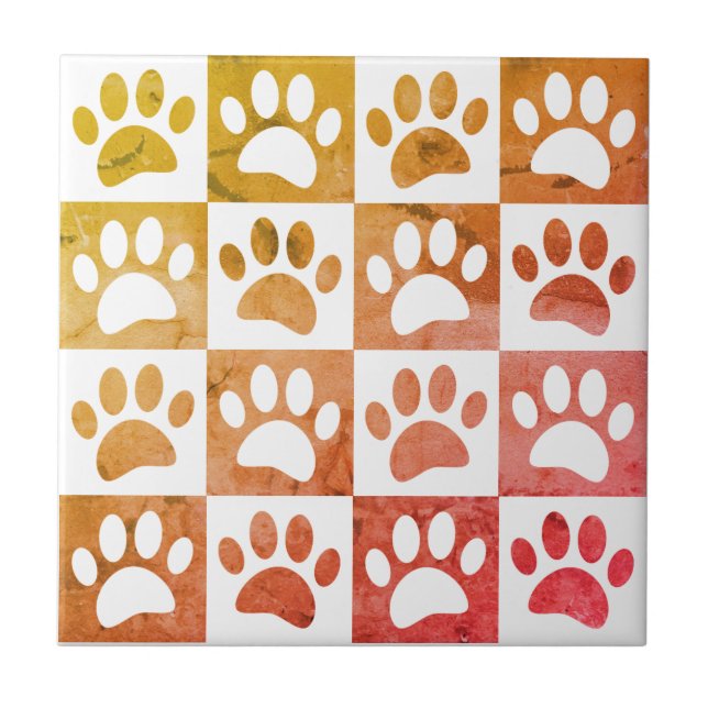Rusitc Dog Paw Prints In Squares Decortative Tile (Front)