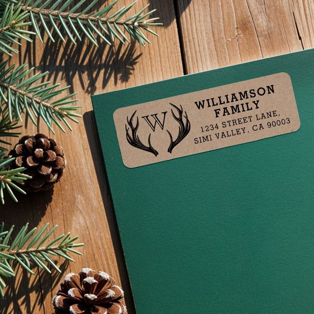 Russe Antlers Famille Monogramme Noël (Rustic Antlers Family Monogram Christmas Label)