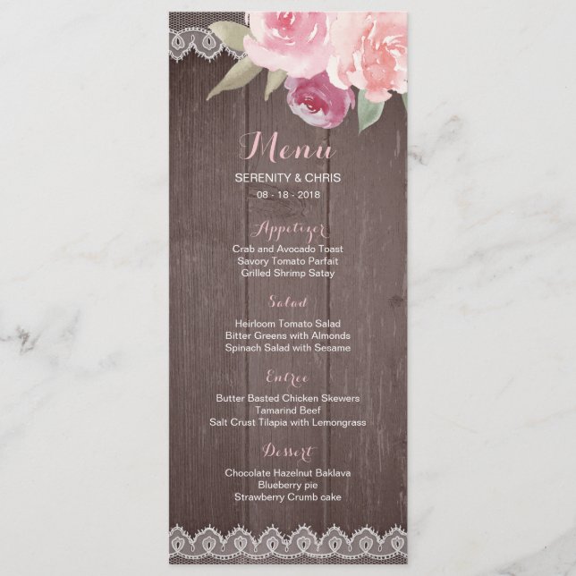 Russe aquarelle dentelle fleurie menu mariage (Devant)