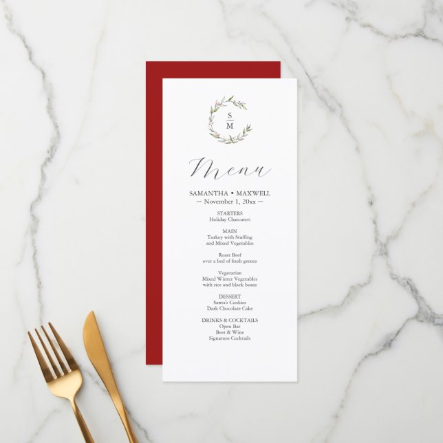 Russe Botaniques d'hiver Mariage Décor Menus (Devant/Arrière en situation)