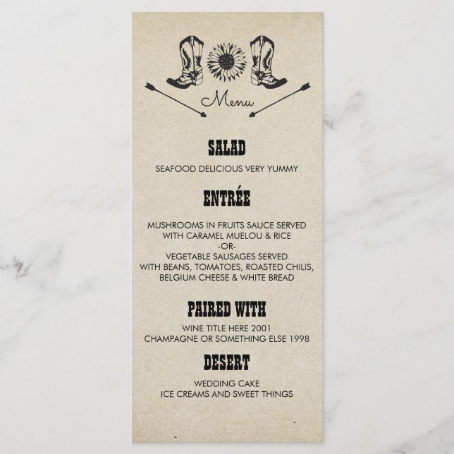 Russe Country Cowboy Boots Mariage Cartes de menu (Devant)