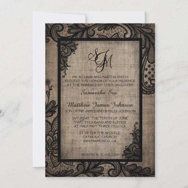 Russe Goth Black Lace Burlap Faire-part de mariage (Devant)