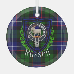 Russell Scottish Clan Tartan & Crest Glass Ornament