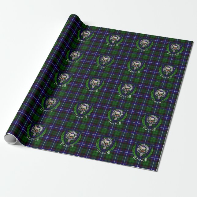 Russell Scottish Clan Tartan & Crest Wrapping Paper (Unrolled)
