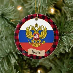 Russia, Red buffalo plaid & Russian Flag Ceramic Ornament
