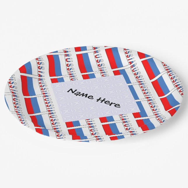 Russia Russian Flag Tiled Black Personalization  Paper Plate (Angled)