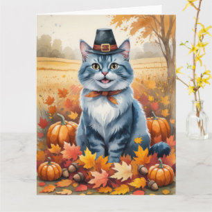 Russian Blue Cat  Autumn Leaves Thanksgiving Art Card