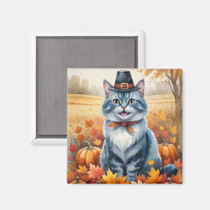 Russian Blue Cat  Autumn Leaves Thanksgiving Art Magnet