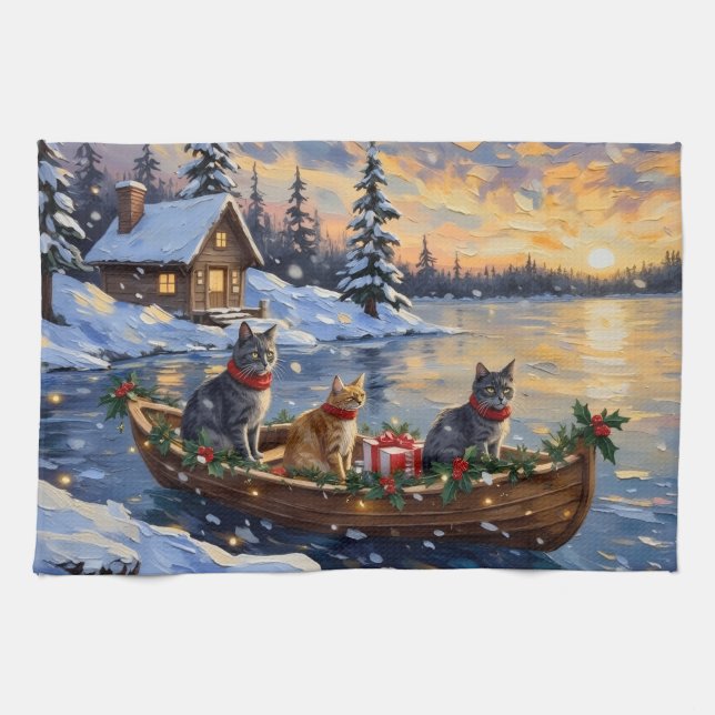 Russian Blue Cat Christmas Boat Holiday Kitchen Towel (Horizontal)