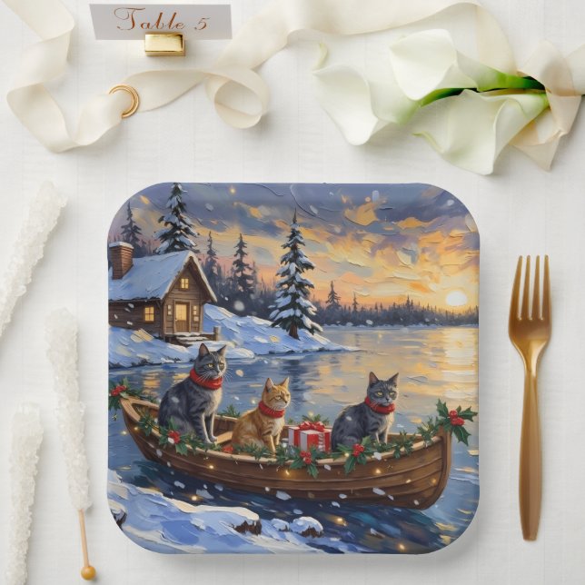 Russian Blue Cat Christmas Boat Holiday Paper Plate (Wedding)