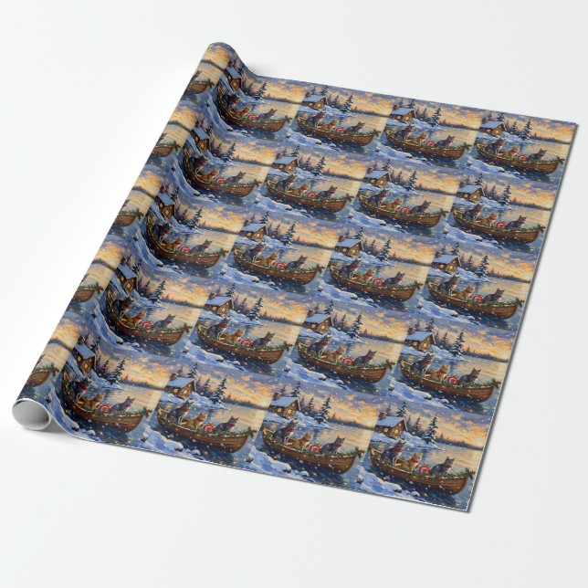 Russian Blue Cat Christmas Boat Holiday Wrapping Paper (Unrolled)