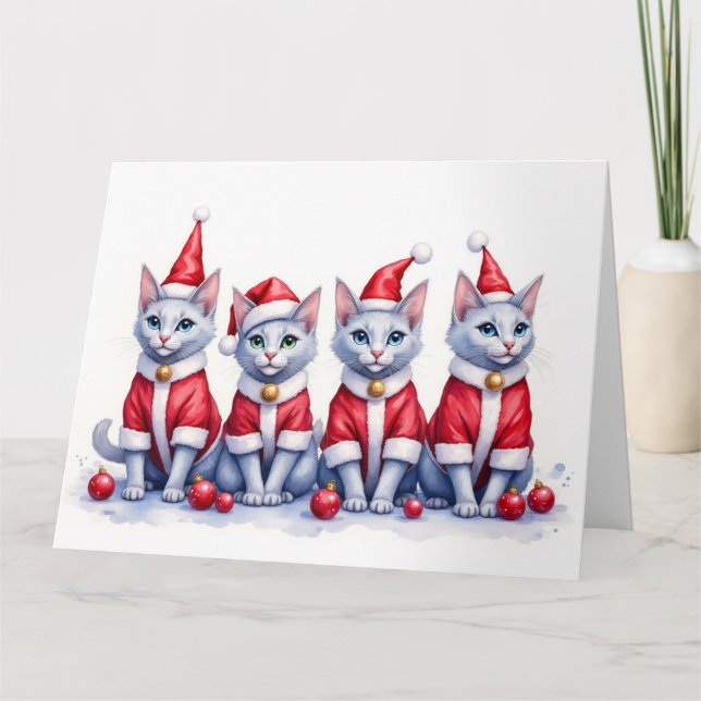 Russian Blue Cat Christmas Dress Santa Hat Card (Front)
