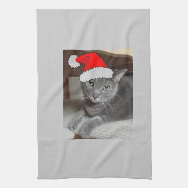 Russian Blue Cat Christmas Kitchen Towel (Vertical)