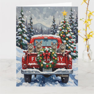 Russian Blue Cat Christmas Red Truck Holiday Card