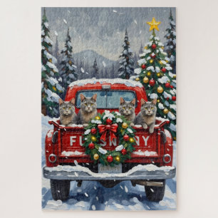 Russian Blue Cat Christmas Red Truck Holiday Jigsaw Puzzle