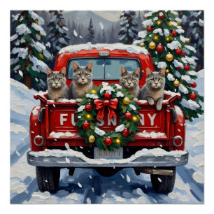 Russian Blue Cat Christmas Red Truck Holiday Poster