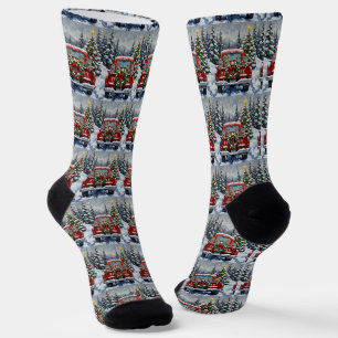 Russian Blue Cat Christmas Red Truck Holiday Socks