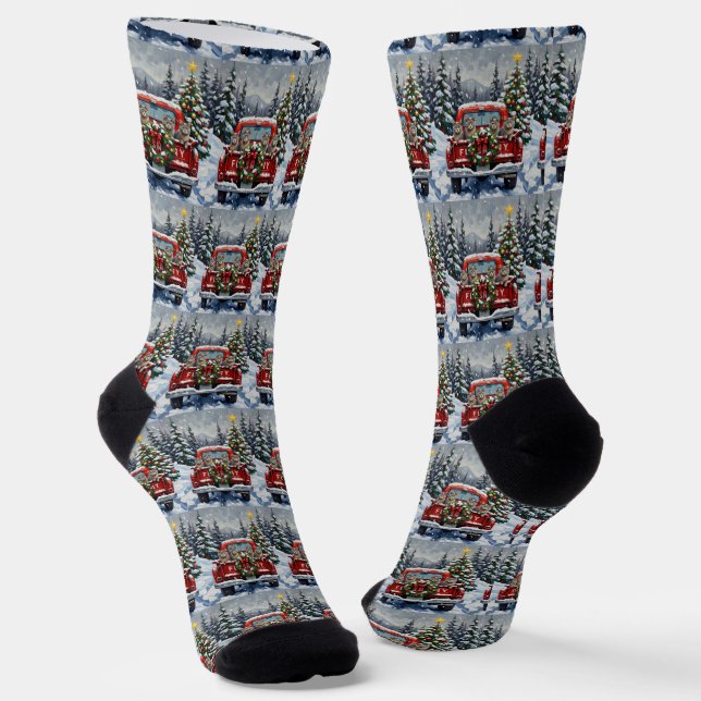 Russian Blue Cat Christmas Red Truck Holiday Socks (Angled)