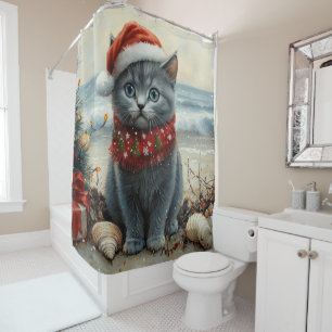 Russian Blue Cat Christmas Vintage Beach 