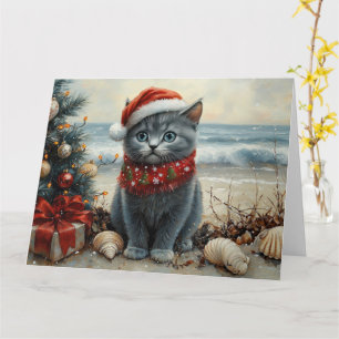 Russian Blue Cat Christmas Vintage Beach  Card