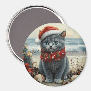 Russian Blue Cat Christmas Vintage Beach  Magnet