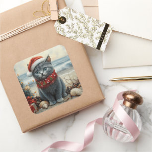 Russian Blue Cat Christmas Vintage Beach  Square Sticker