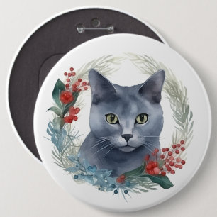 Russian Blue Cat Christmas Wreath Festive Kitten 6 Inch Round Button
