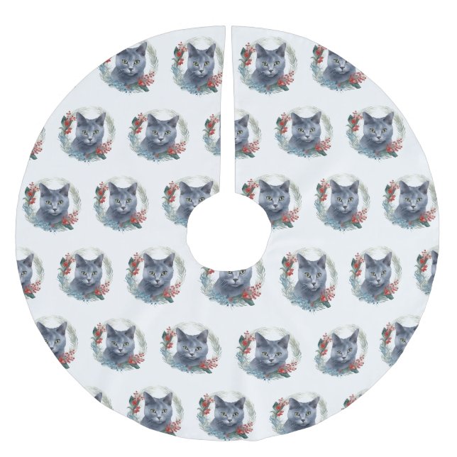Russian Blue Cat Christmas Wreath Festive Kitten Brushed Polyester Tree Skirt (Front)