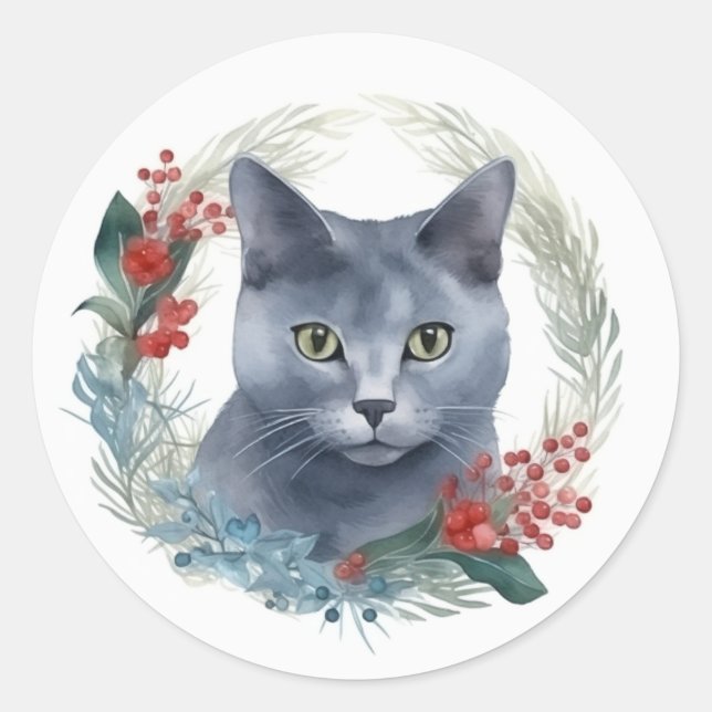 Russian Blue Cat Christmas Wreath Festive Kitten Classic Round Sticker (Front)