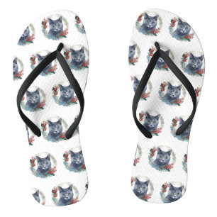 Russian Blue Cat Christmas Wreath Festive Kitten Flip Flops