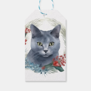 Russian Blue Cat Christmas Wreath Festive Kitten Gift Tags
