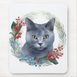 Russian Blue Cat Christmas Wreath Festive Kitten Mouse Pad