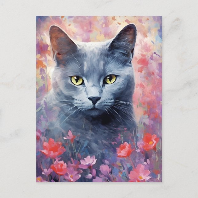 Russian Blue cat colourful watercolor artwork Postcard (Front)