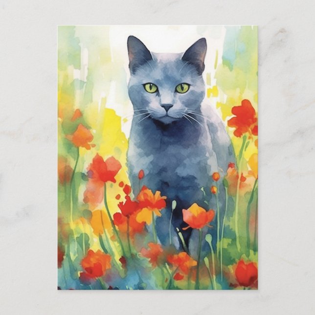 Russian Blue Cat Flower field Postcard (Front)