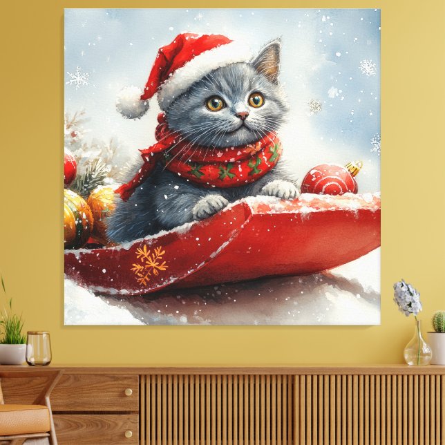 Russian Blue Cat in Sledge Let it Snow Christmas Canvas Print (Insitu(LivingRoom))