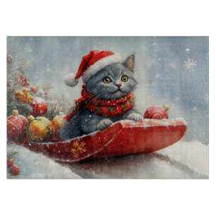 Russian Blue Cat in Sledge Let it Snow Christmas Cutting Board