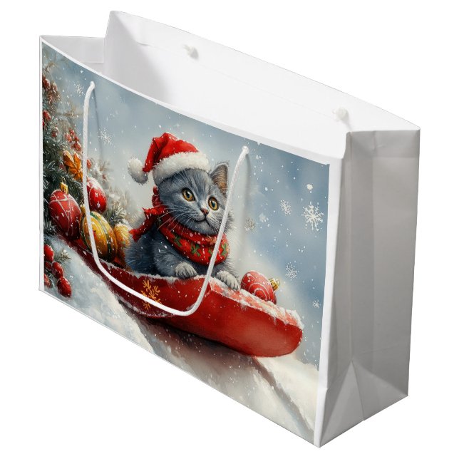 Russian Blue Cat in Sledge Let it Snow Christmas Large Gift Bag (Front Angled)