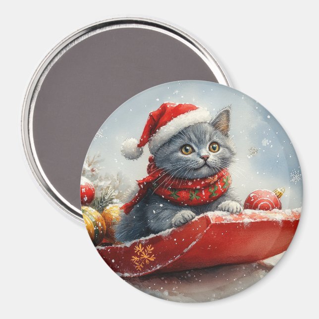 Russian Blue Cat in Sledge Let it Snow Christmas Magnet (Front/Back)