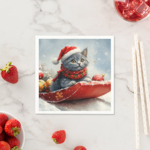 Russian Blue Cat in Sledge Let it Snow Christmas Napkin
