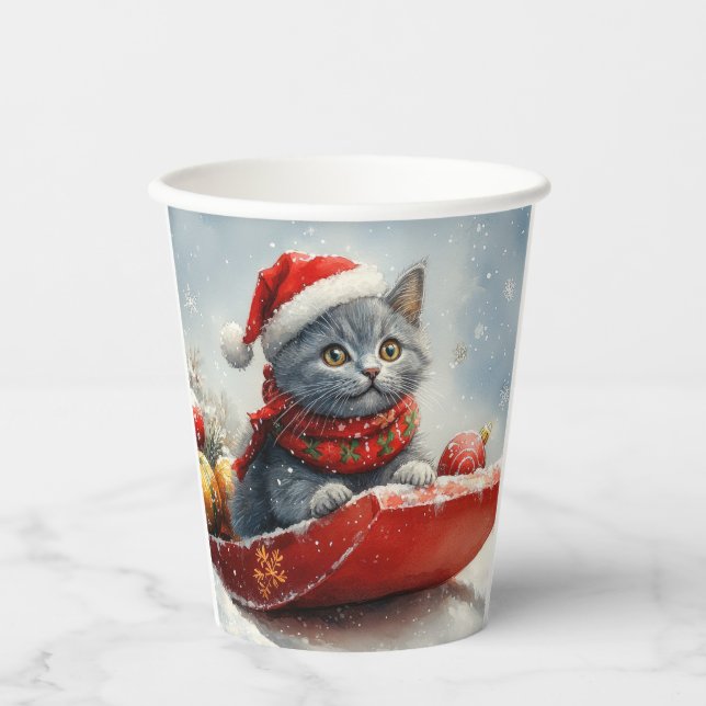 Russian Blue Cat in Sledge Let it Snow Christmas Paper Cups (Front)