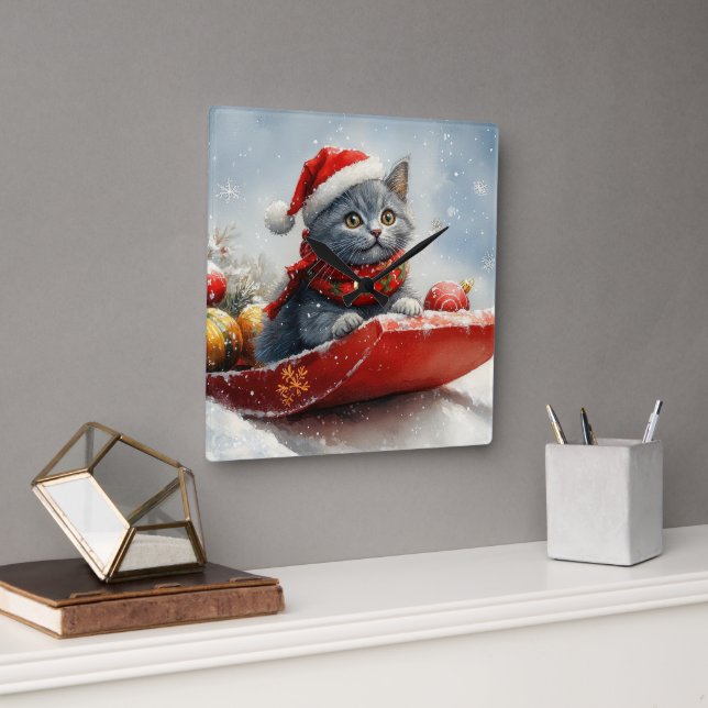 Russian Blue Cat in Sledge Let it Snow Christmas Square Wall Clock (Office)